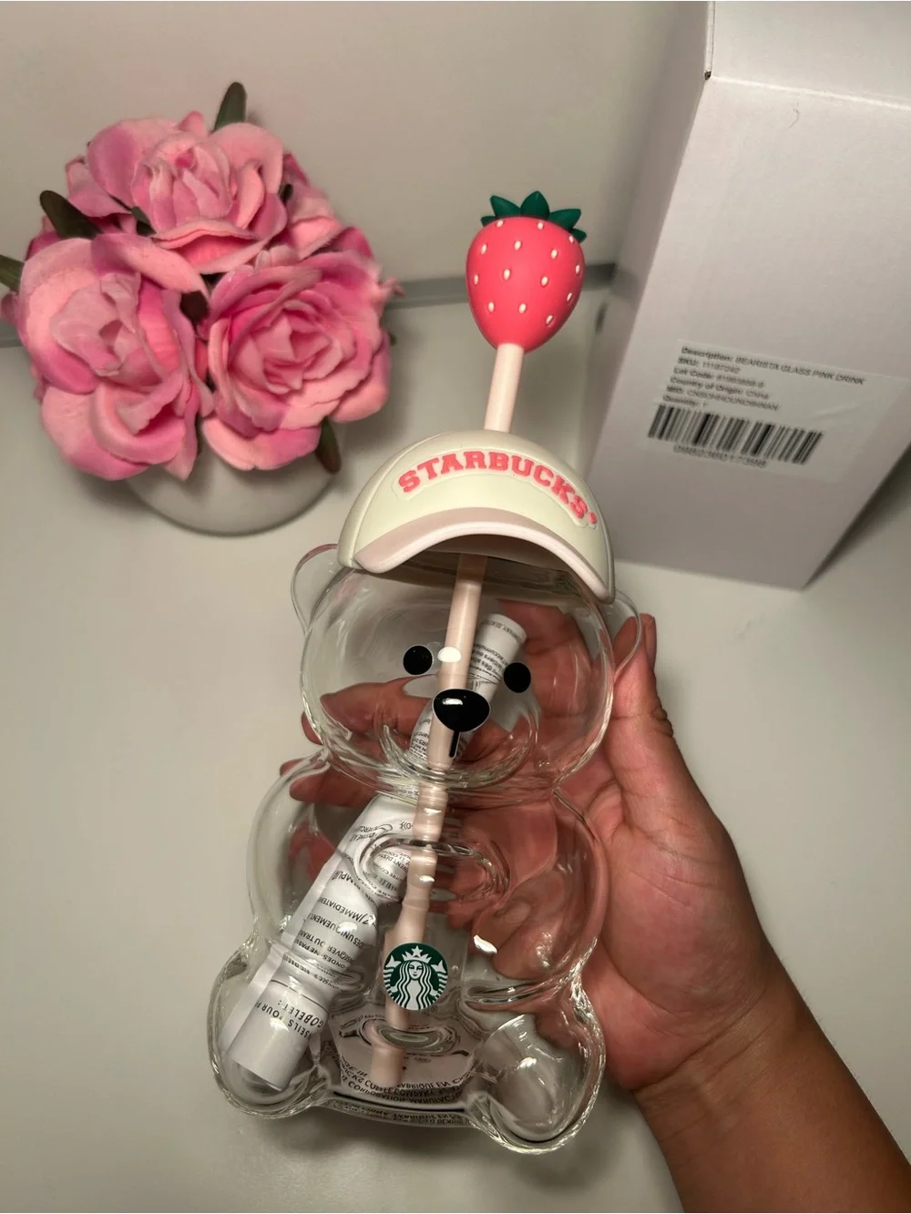 Starbucks Clear Bear Tumbler with Pink Strawberry Topper